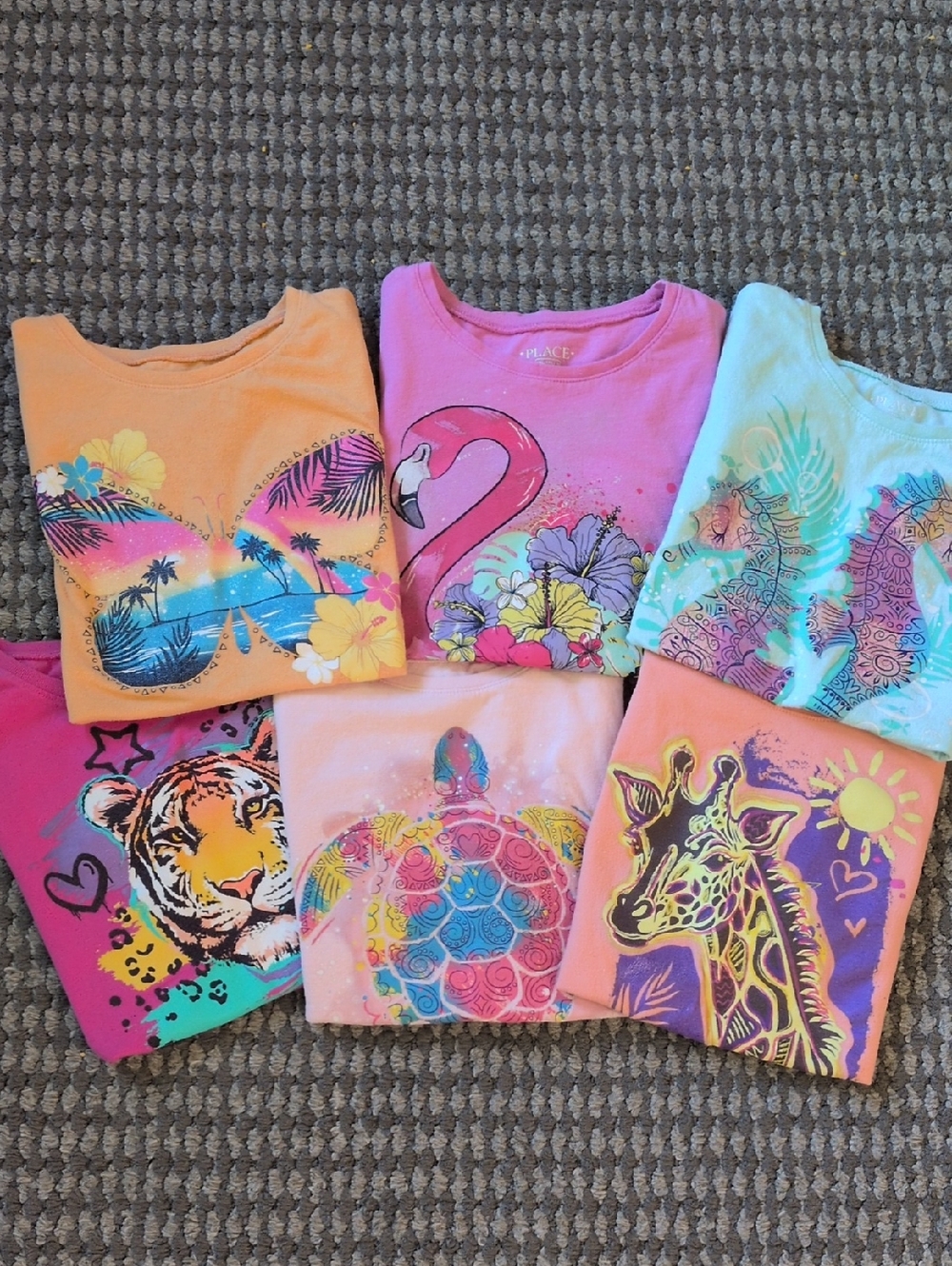 Place Set Of 6 Girls' Crew Neck Tees with Colorful Prints🩷🧡🩵💜